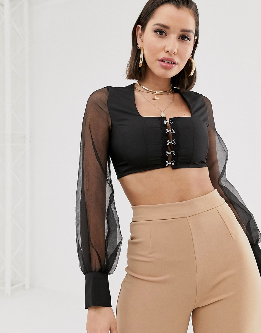 Katchme sheer sleeve crop top with hardware detail in black