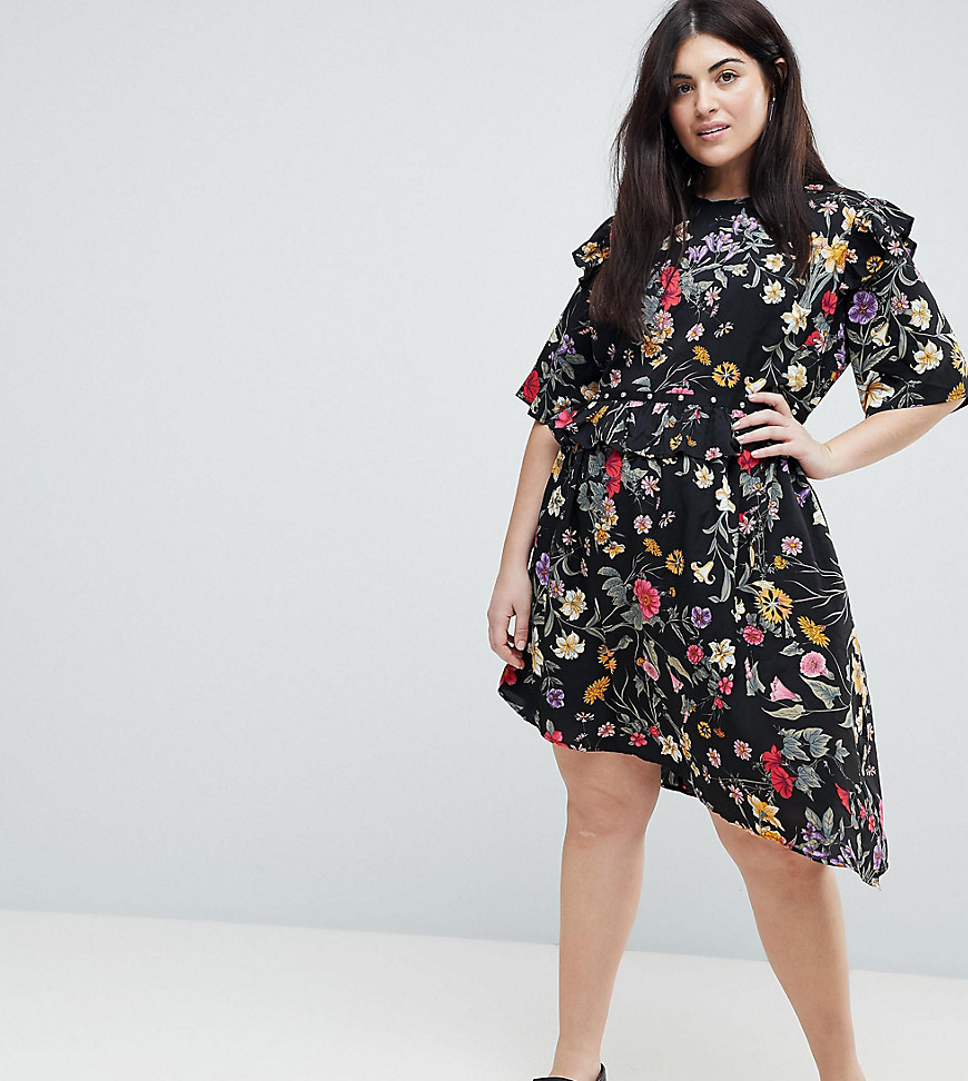 Influence Plus Floral Asymmetric Midi Dress With Studded Belt - Multi