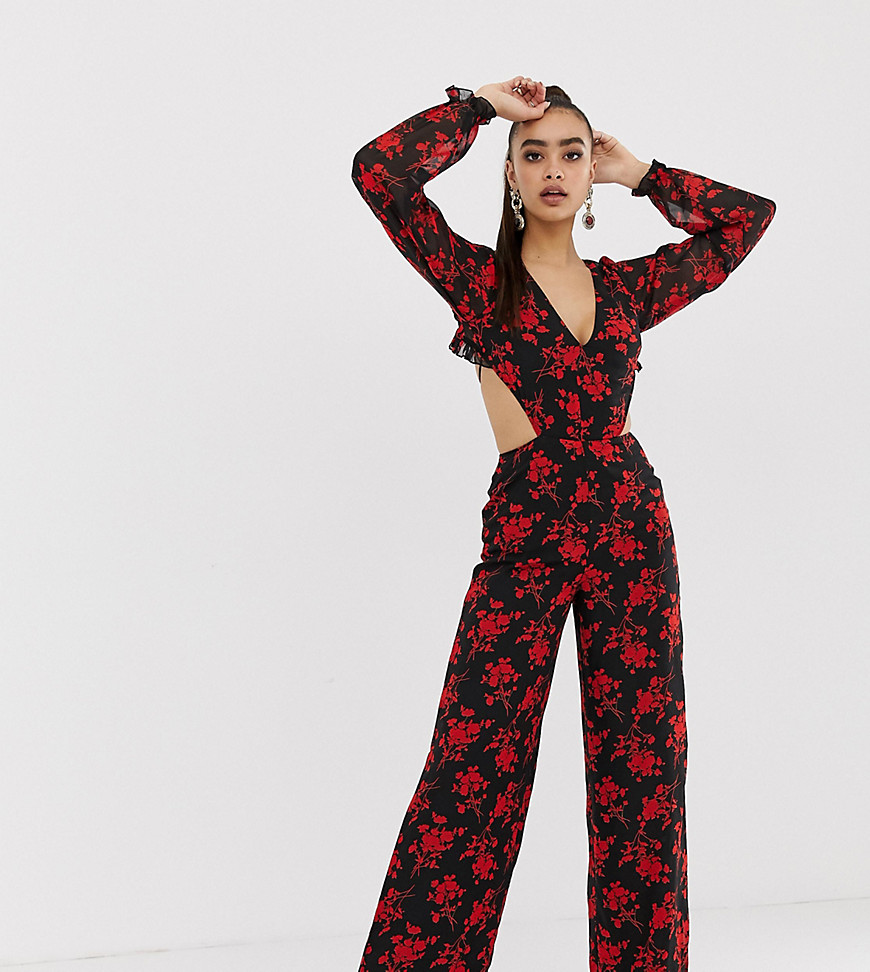 Missguided floral frill open back jumpsuit in black floral
