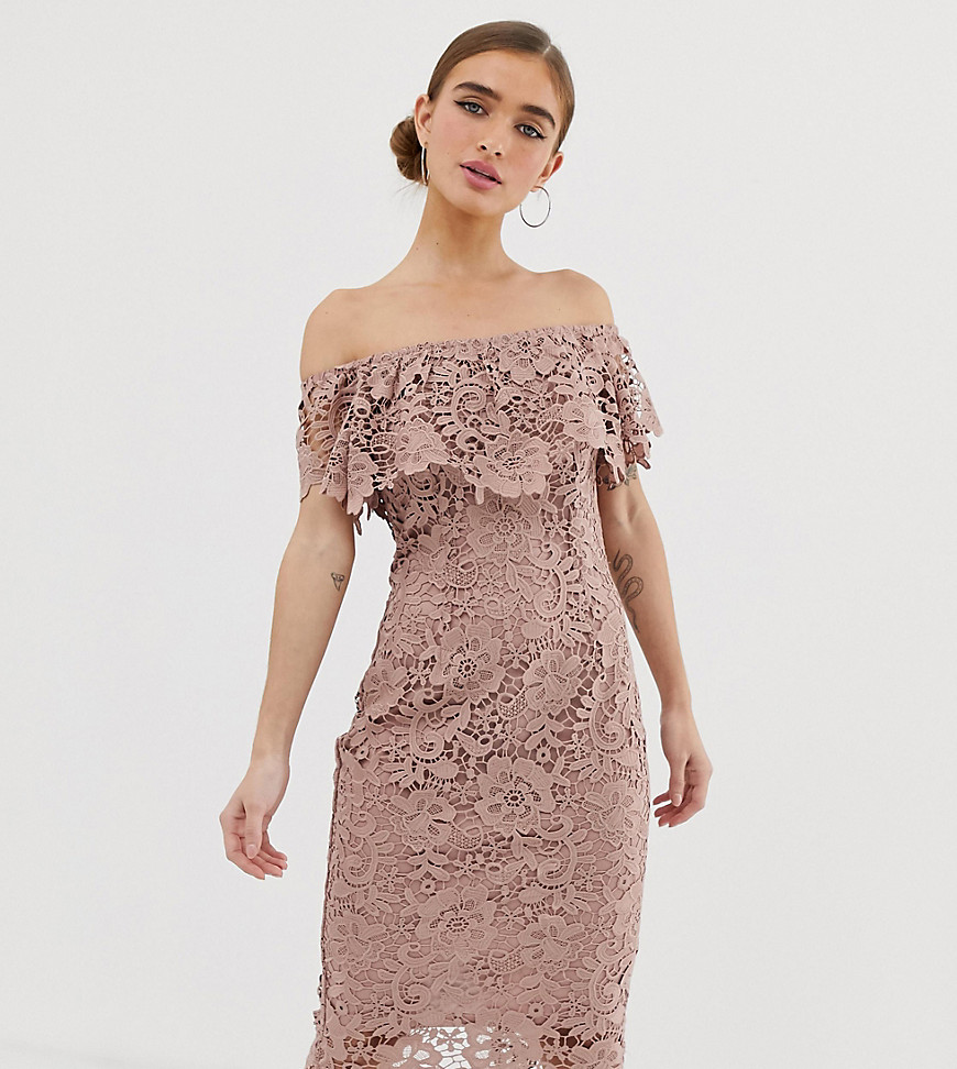 Paper Dolls Petite bardot lace pencil dress in taupe