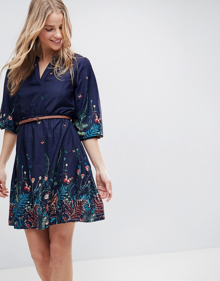 Yumi Belted Dress with 3/4 Sleeves in Meadow Border Print - Navy