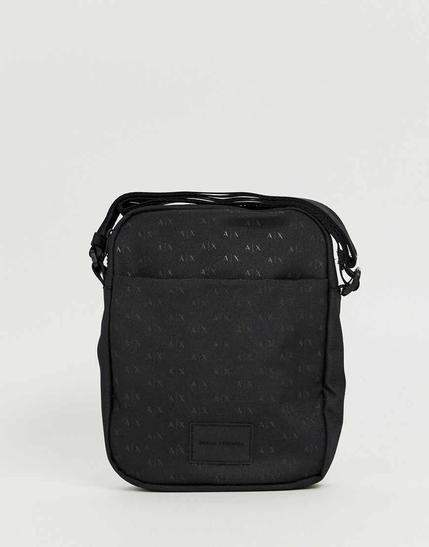 Armani Exchange nylon all over logo flight bag in black