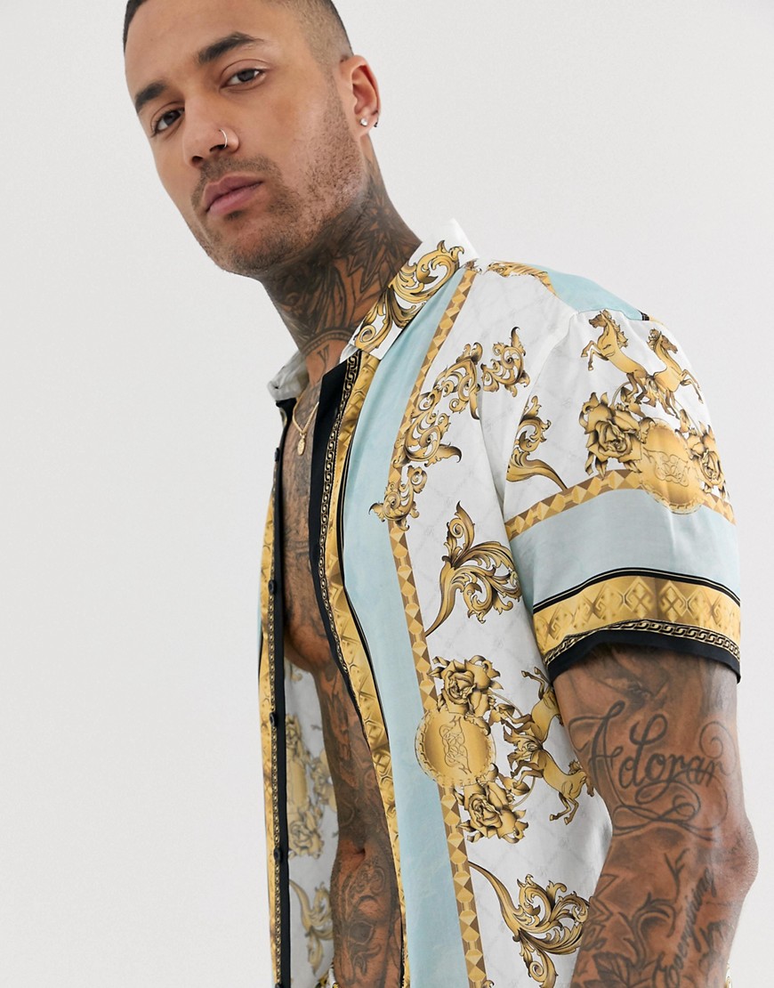 SikSilk co-ord short sleeve shirt in white and gold print