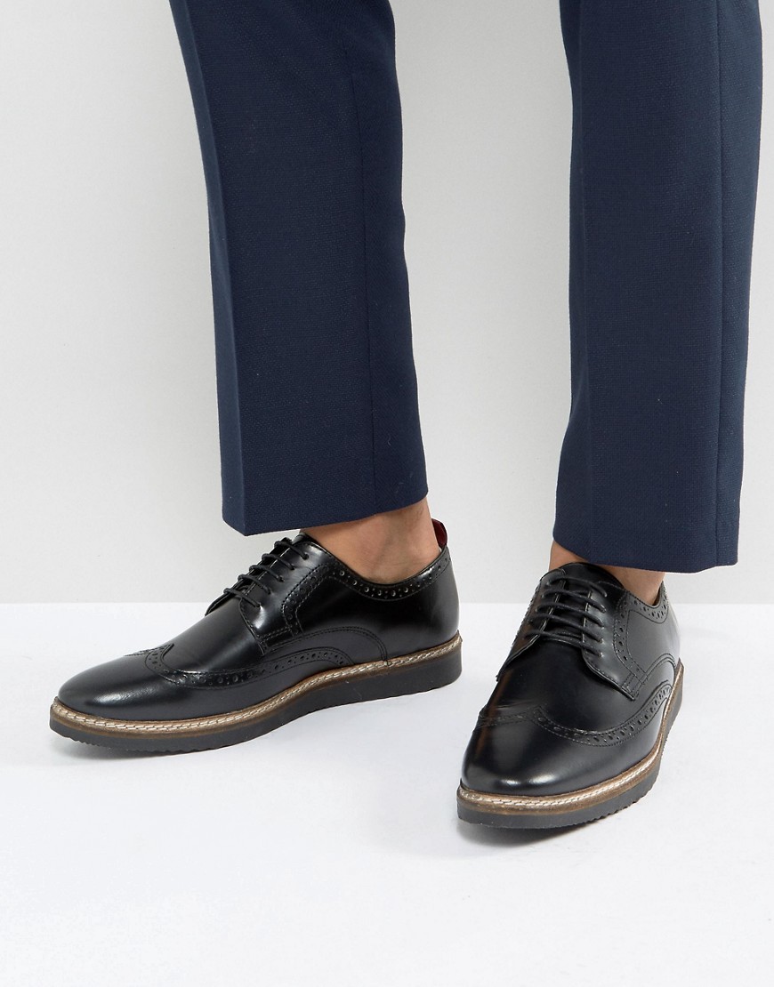 ASOS Brogue Shoes In Black Leather With Black Wedge Sole - Black