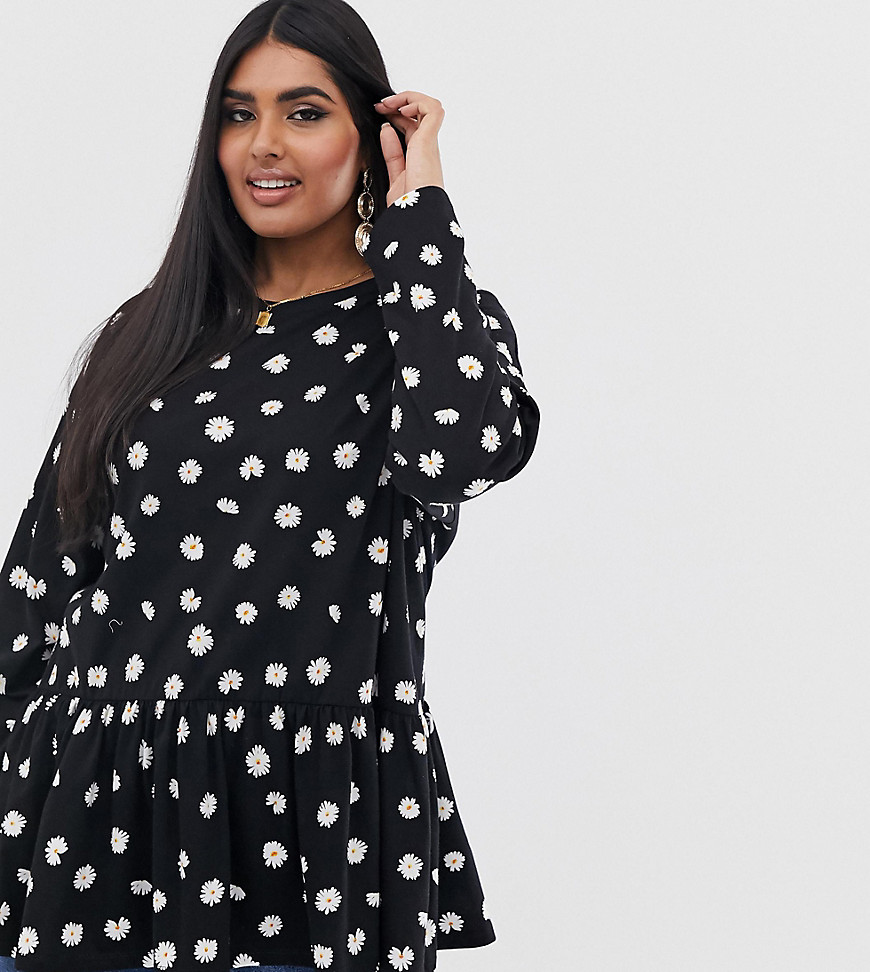 ASOS DESIGN Curve smock top in ditsy print with long sleeves