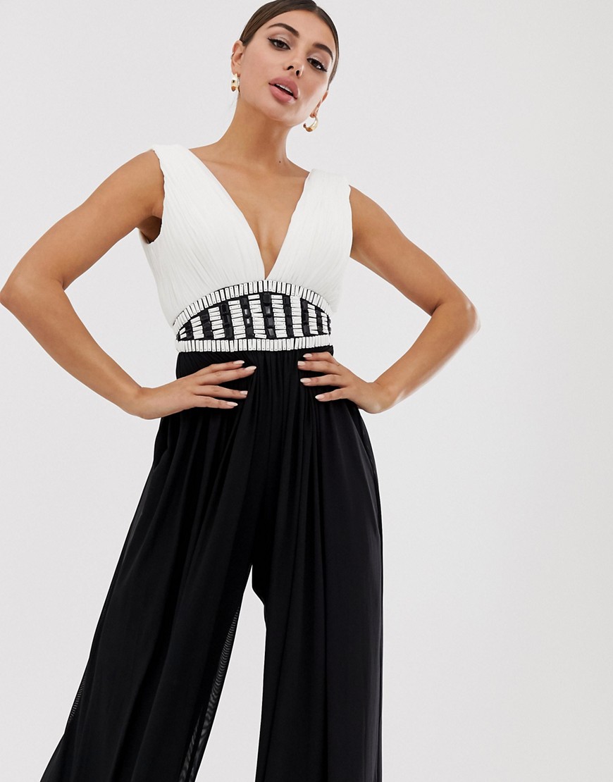 Forever Unique wide leg jumpsuit with embellished waist in mono