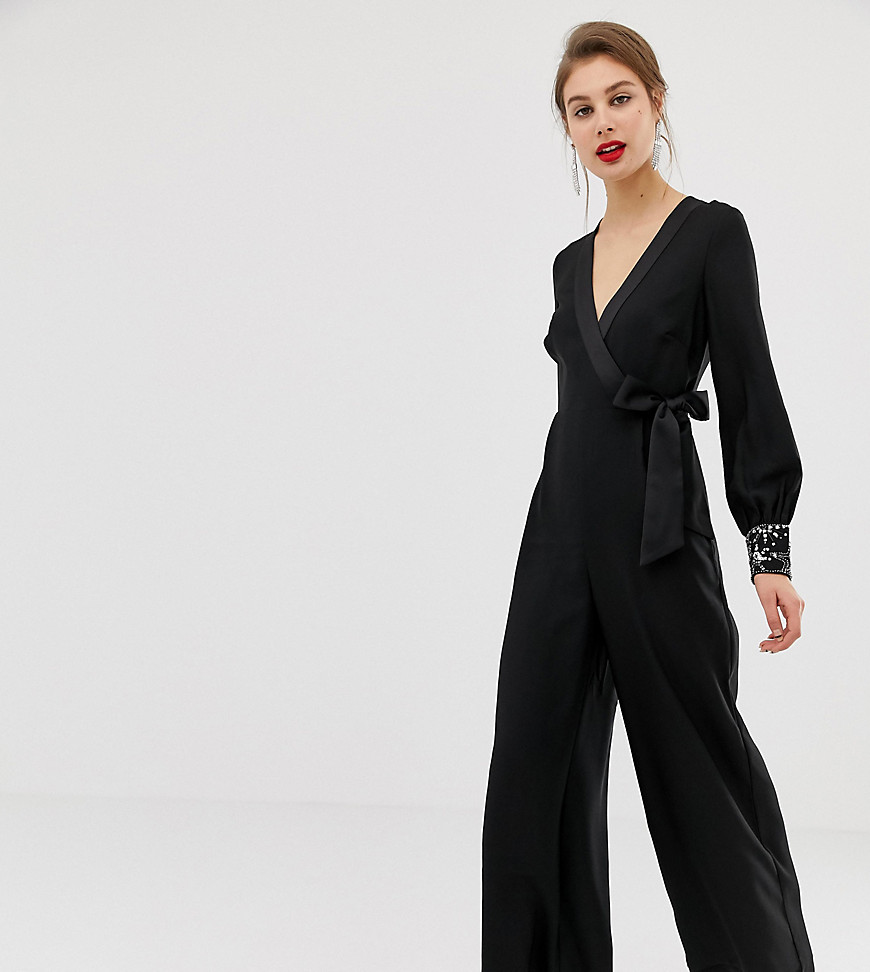 Warehouse wrap jumpsuit with embellished cuff in black