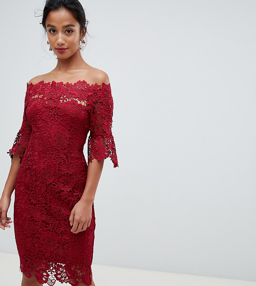 Paper Dolls Petite off shoulder crochet midi dress with frill sleeve in oxblood