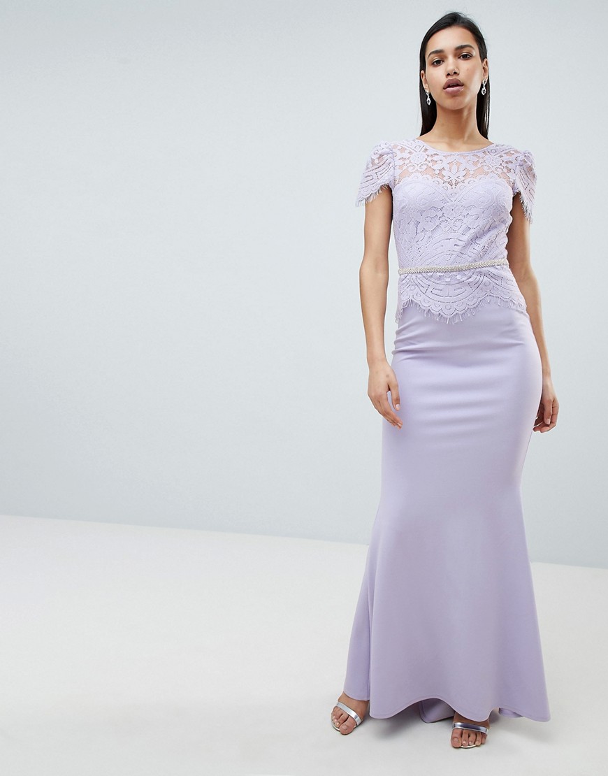 City Goddess Lace Belted Fishtail Maxi Dress