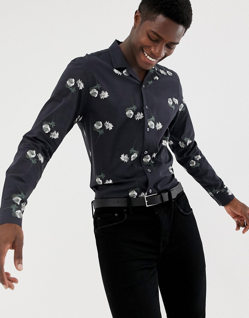 Moss London skinny fit revere collar shirt in dark floral print