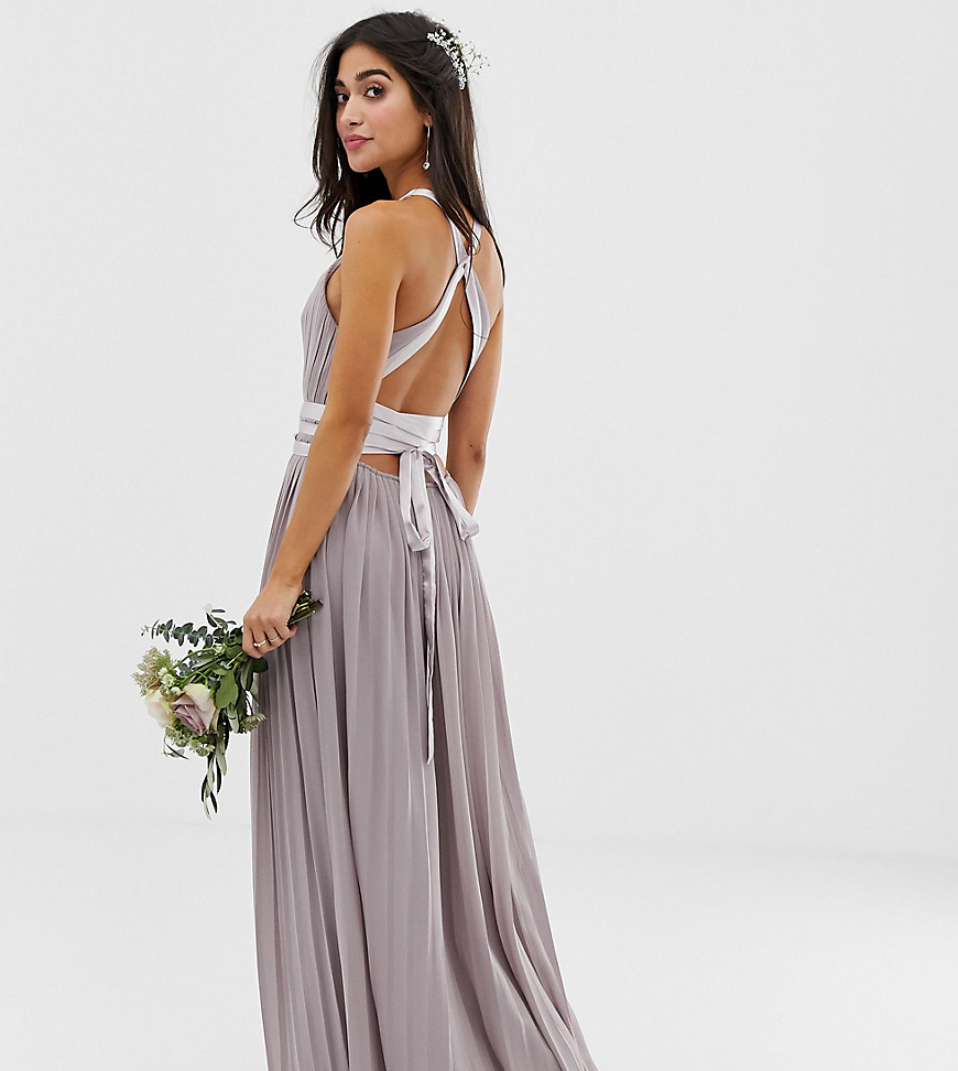 TFNC Petite pleated maxi bridesmaid dress with cross back and bow detail in grey