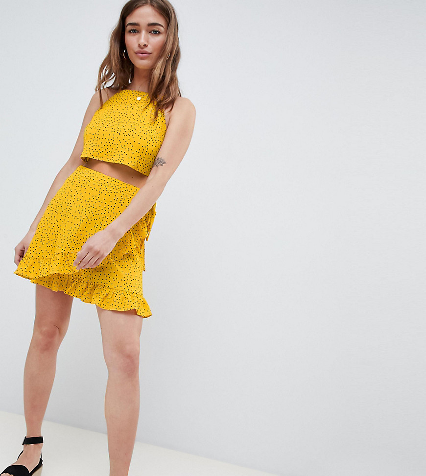 Glamorous Petite Wrap Mini Skirt With Frill Hem In Ditsy Spot Co-Ord - Yellow spot