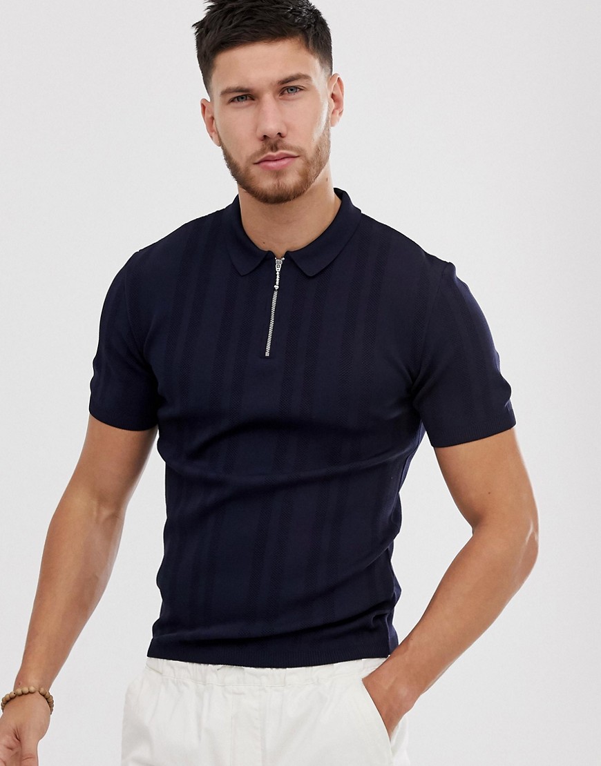 River Island half zip knitted polo in navy