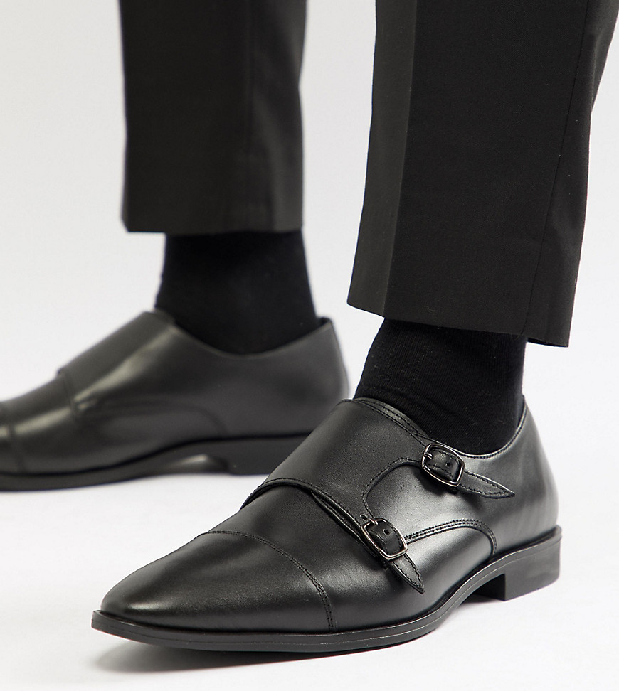 Frank Wright Wide Fit Monk Shoes In Black Leather