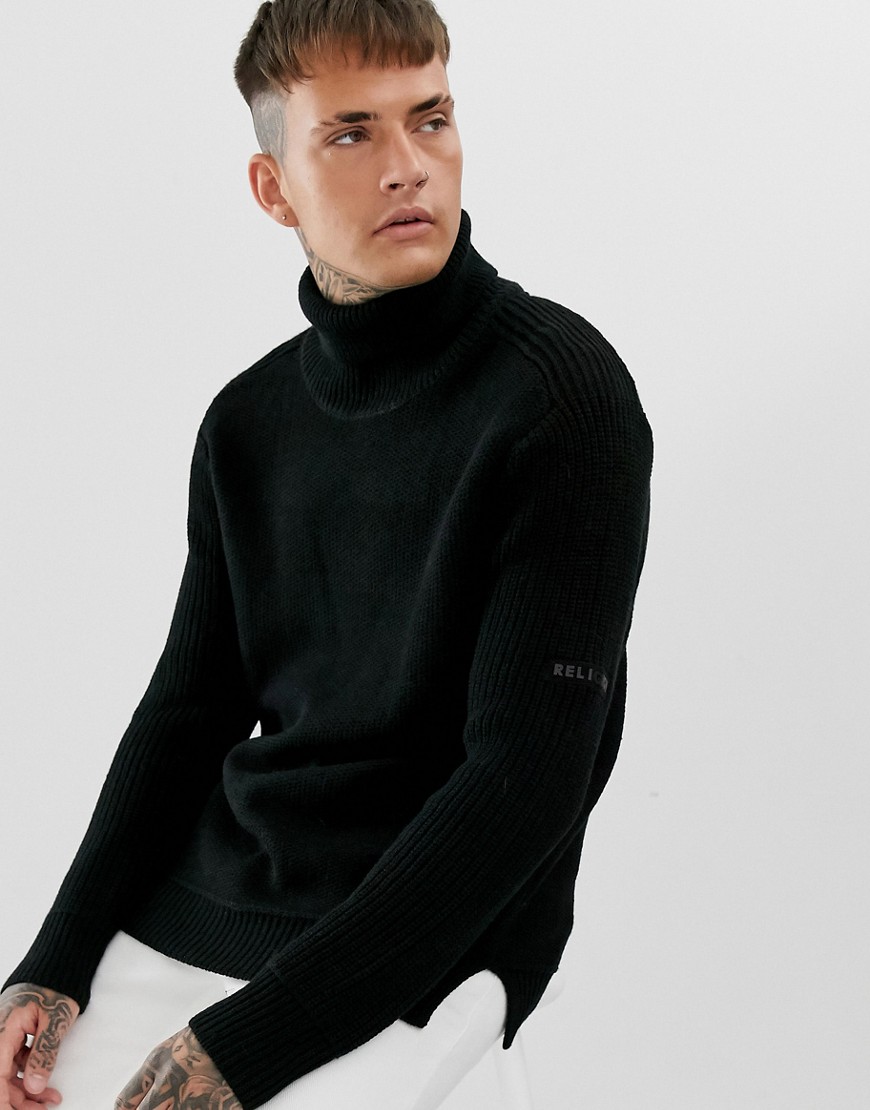 Religion chunky knit jumper with roll neck in black