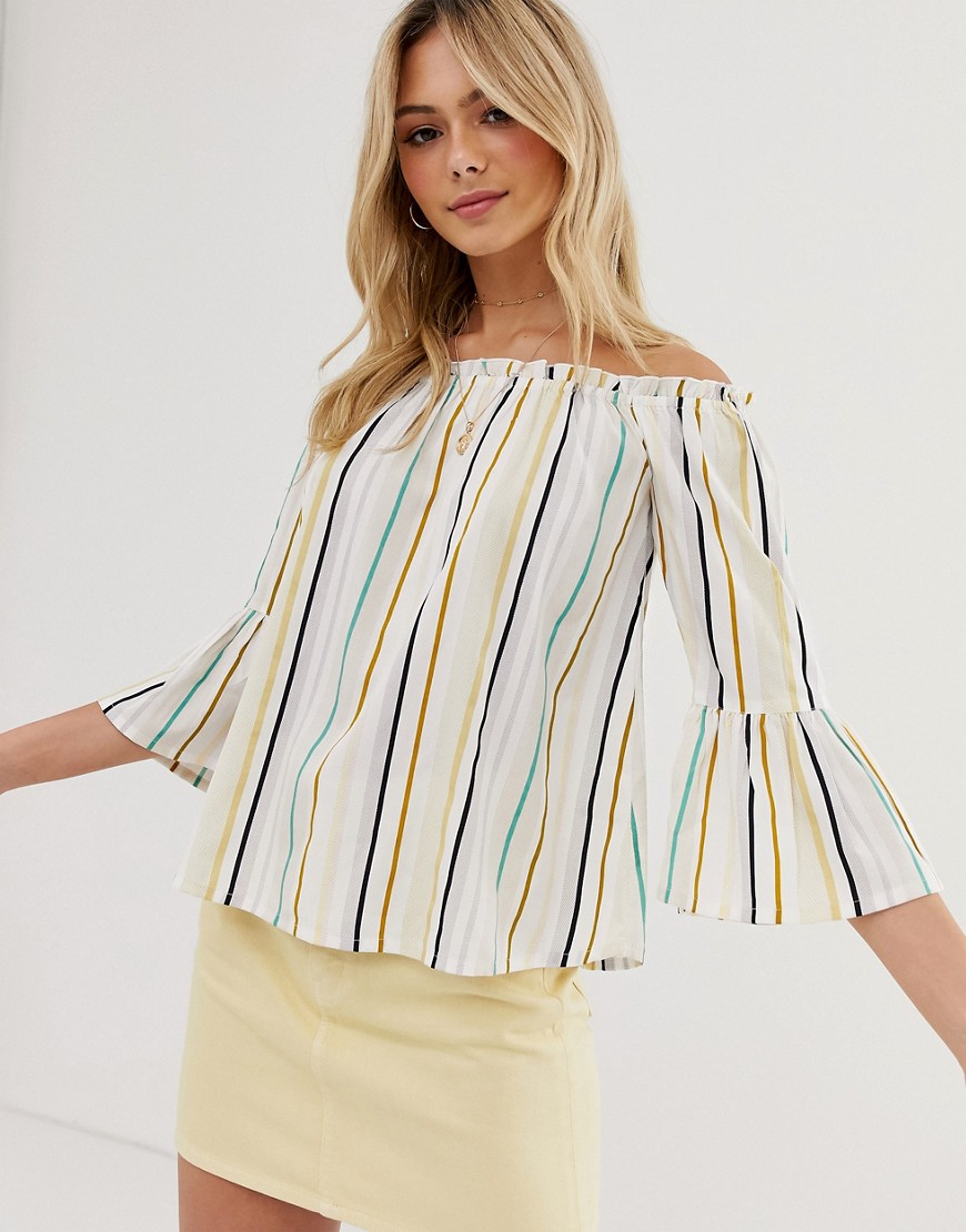 Influence off shoulder top with flared sleeves in natural stripe