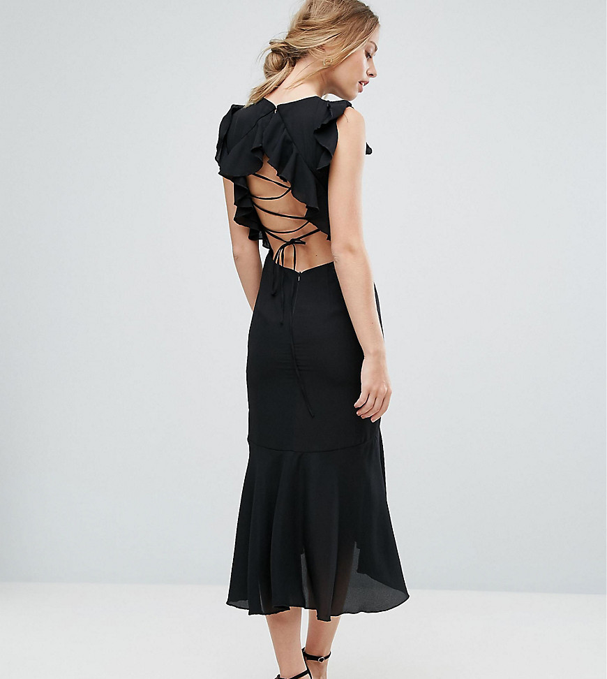 Hope & Ivy Frill Detail Lace Back Midi Dress - Black