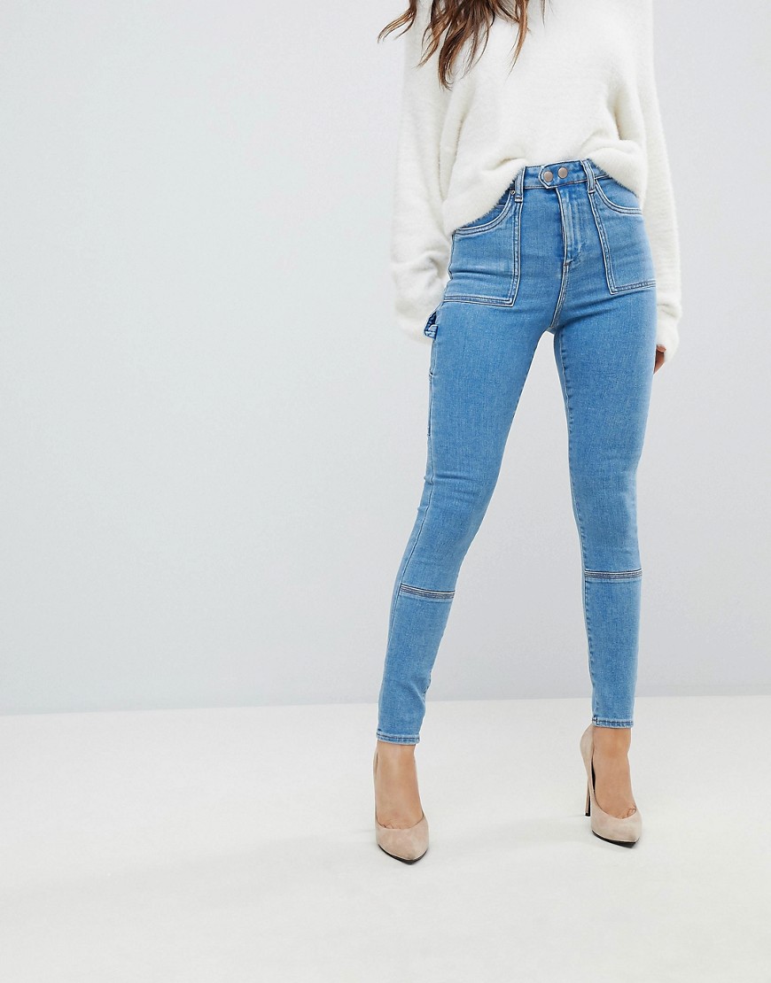 Asos Design Ridley High Waist Skinny Jeans With Painter Styling In Lily Pretty Wash - Blue