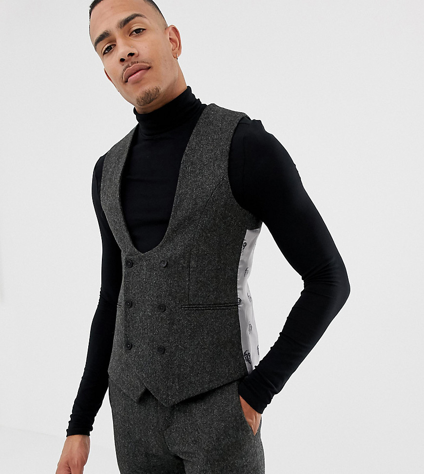 Twisted Tailor super skinny waistcoat in charcoal donegal tweed