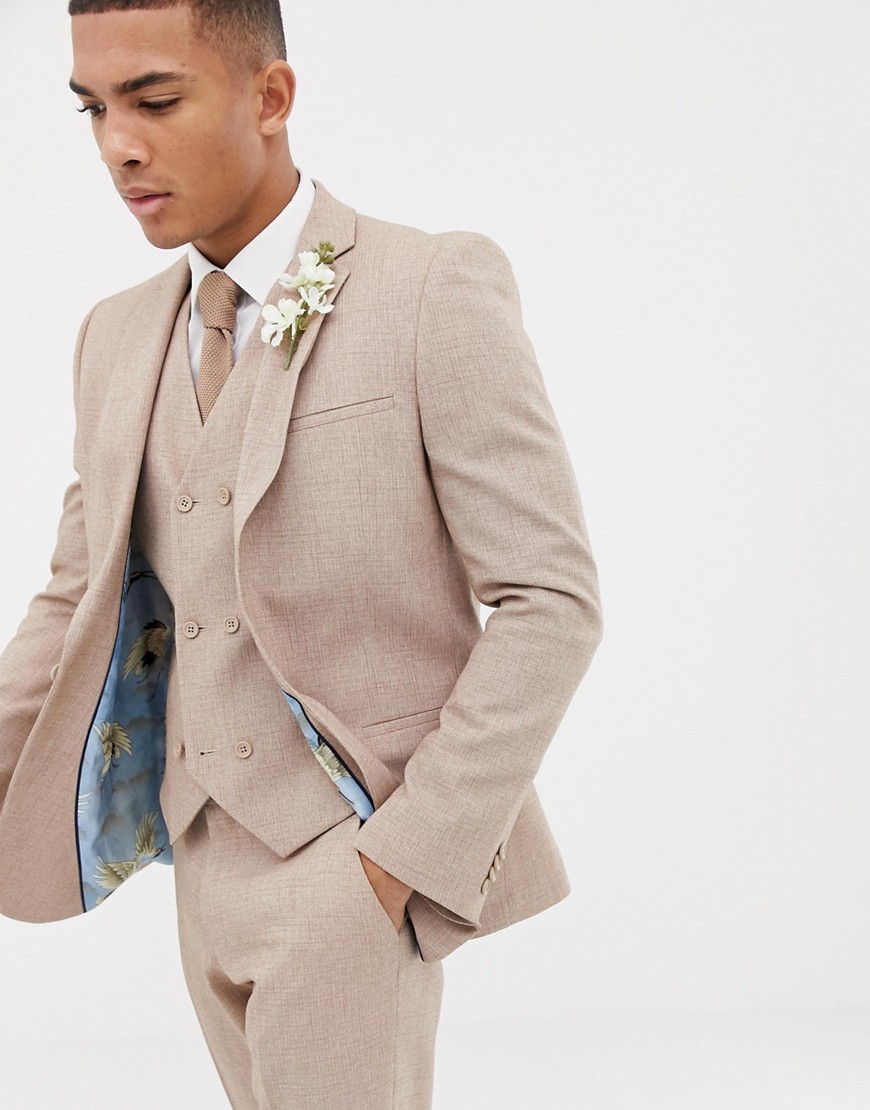 ASOS DESIGN wedding slim suit jacket in camel cross hatch
