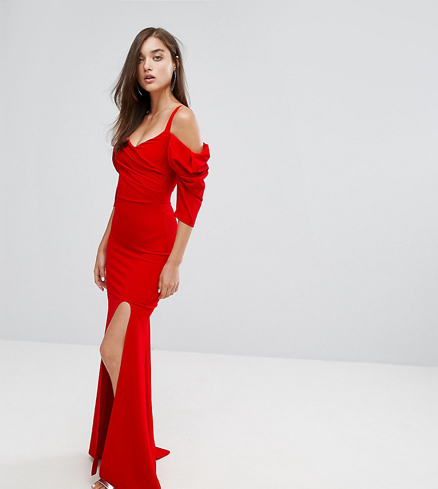 TFNC Fishtail Maxi Dress With 80'S Off Shoulder - Red