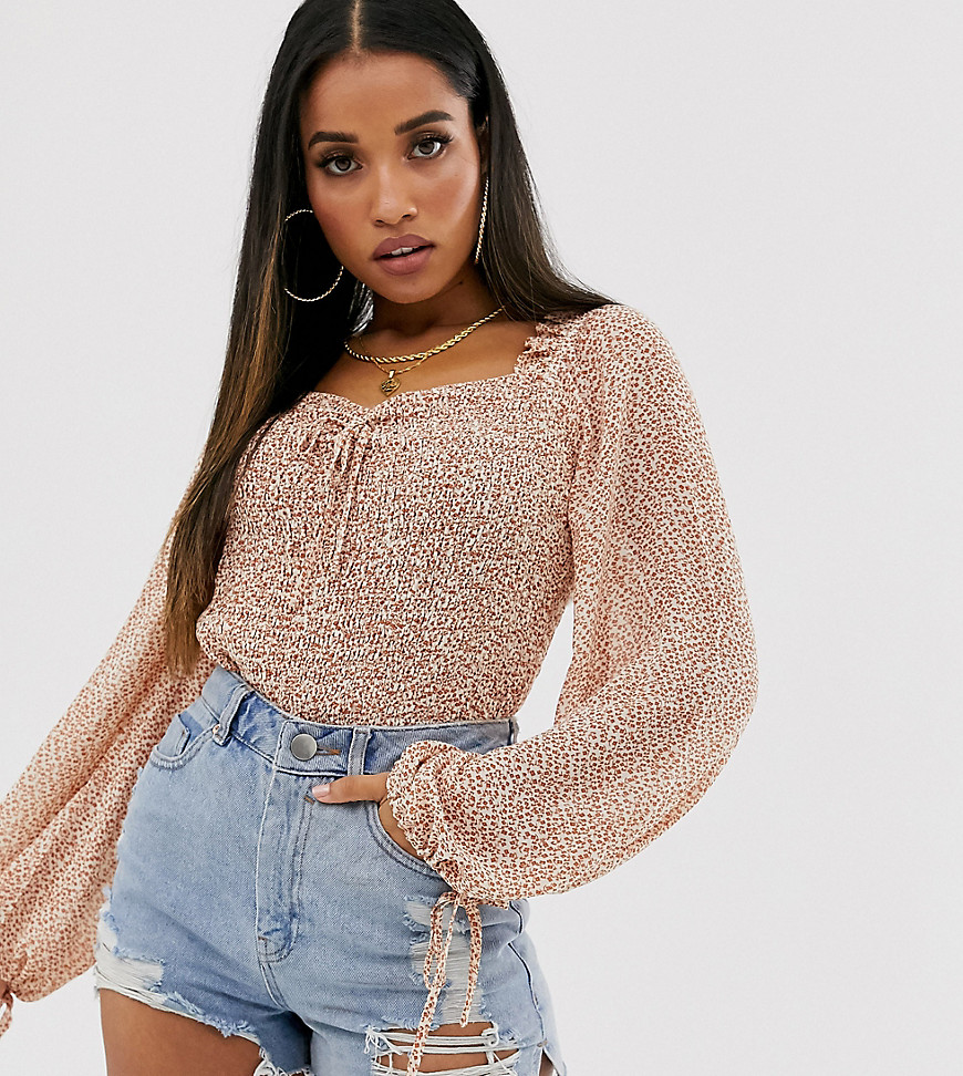 Missguided Petite crop blouse with puff sleeve in rust ditsy floral