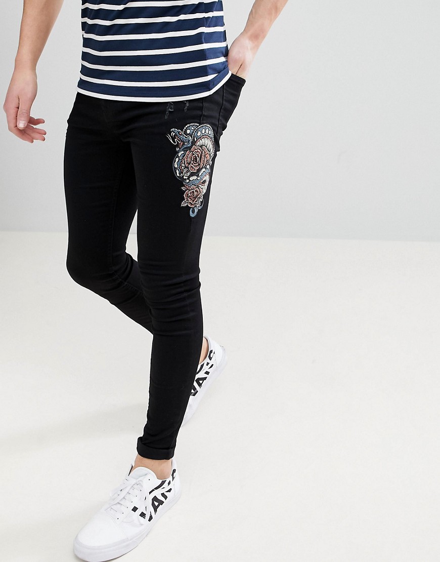 Brooklyn Supply Co muscle fit jeans with snake embroidery black