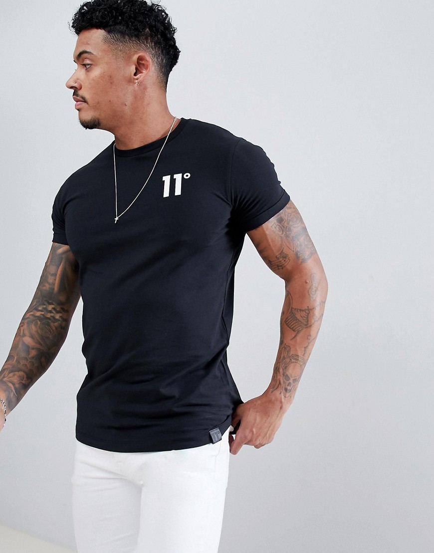 11 Degrees muscle fit t-shirt in black with logo - Black