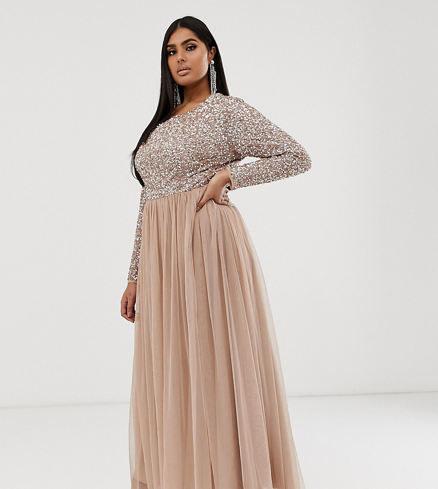 Maya Plus Bridesmaid long sleeve maxi tulle dress with tonal delicate sequins in taupe blush