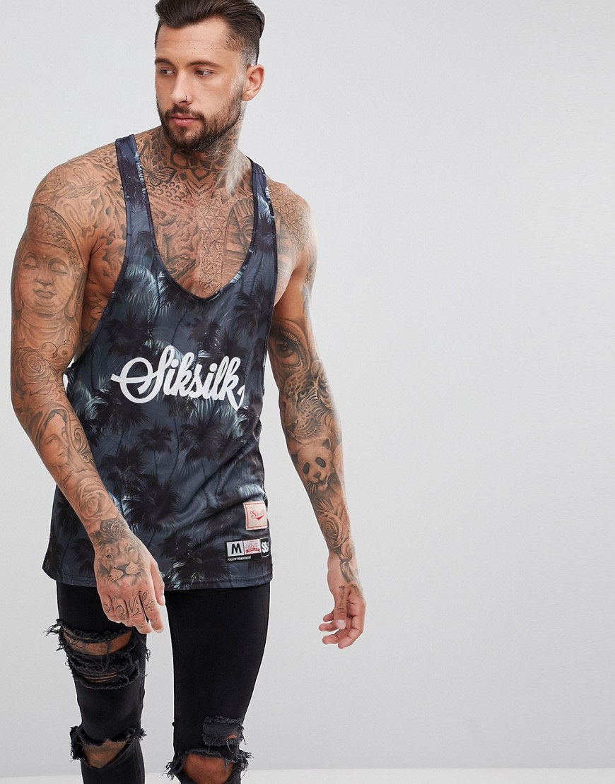 SikSilk Muscle Vest In Navy With Palm Print - Navy