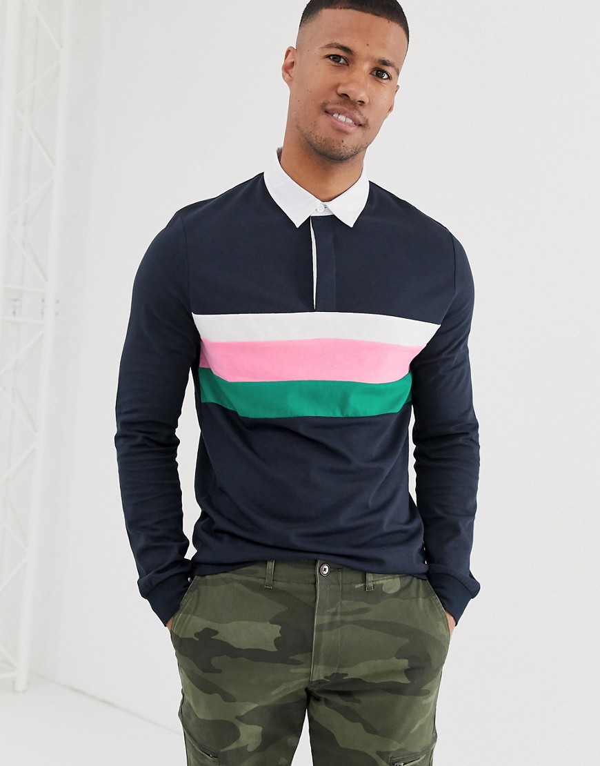 ASOS DESIGN long sleeve rugby polo shirt in heavyweight jersey with colour block in navy