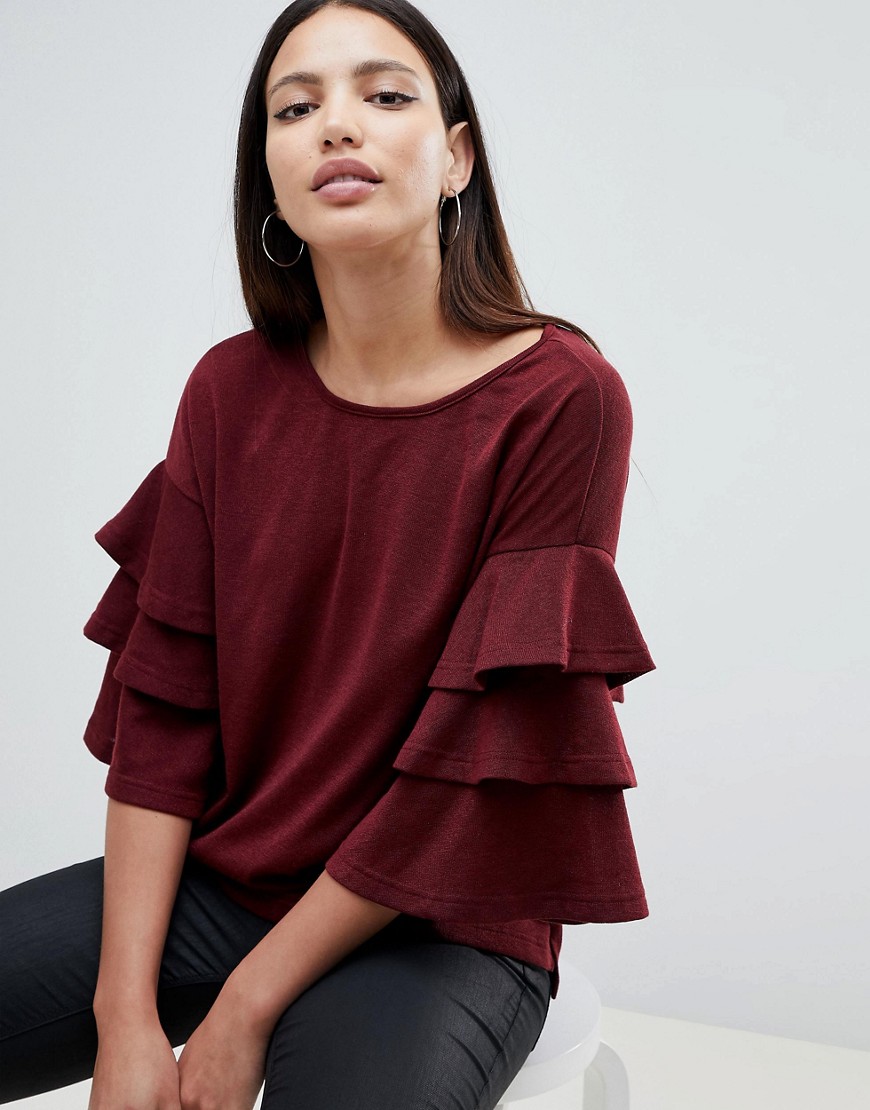 Ax Paris Sweater With Frill Sleeve Detail-red