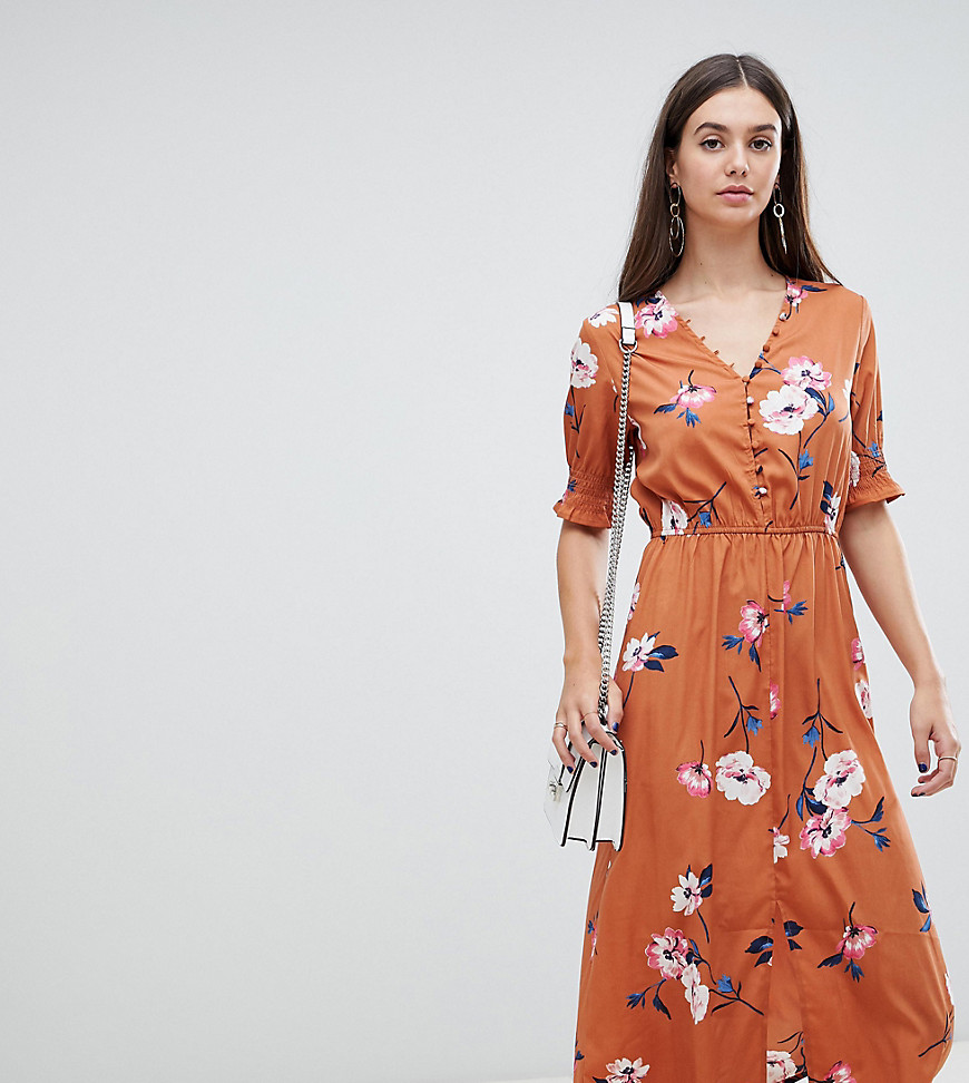 Influence Tall shirred sleeve floral midi dress with button down front