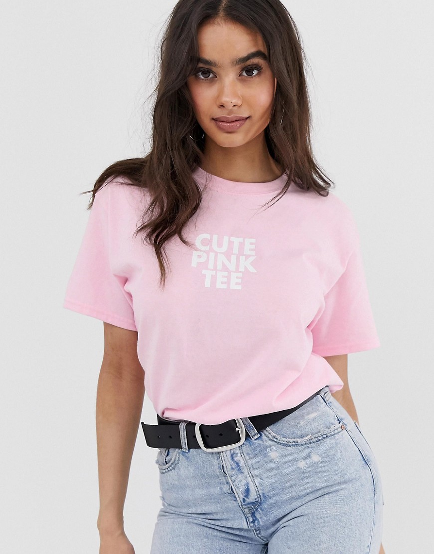 PrettyLittleThing exclusive t-shirt with cute pink tee slogan in pink