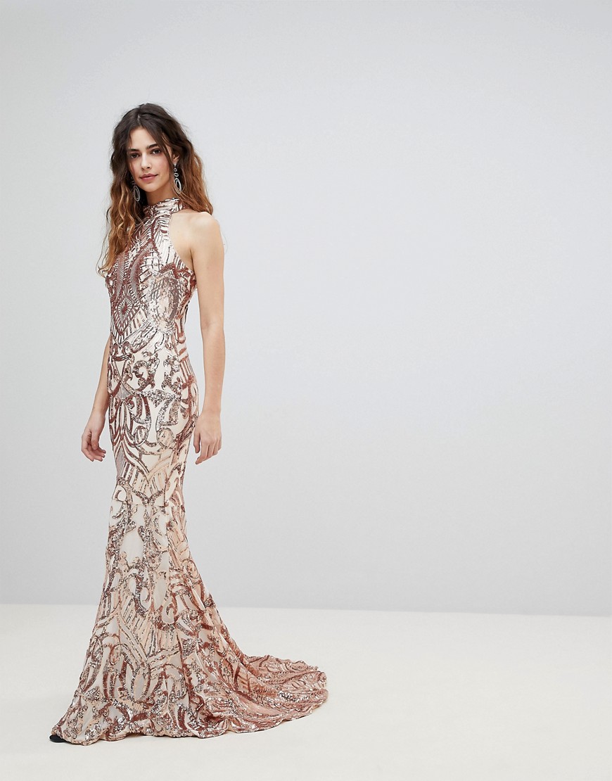 Bariano High Neck Embellished Maxi Dress - Rose gold sequin