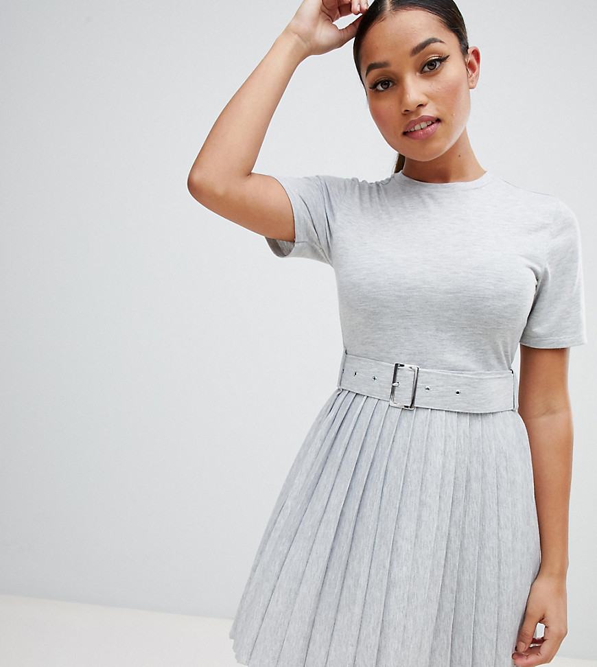 ASOS DESIGN Petite mini dress with pleated skirt and belt