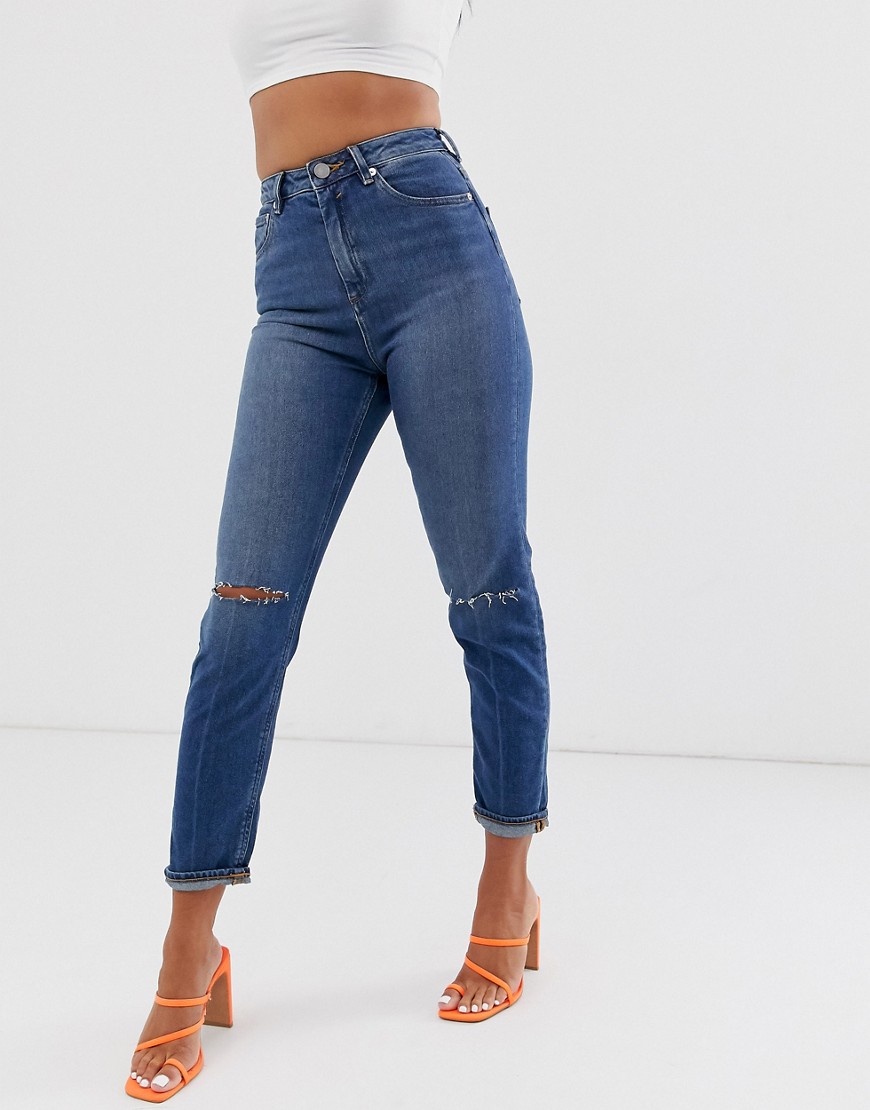 ASOS DESIGN recycled high rise farleigh 'slim' mom jeans in mid vintage wash with slash knee rip