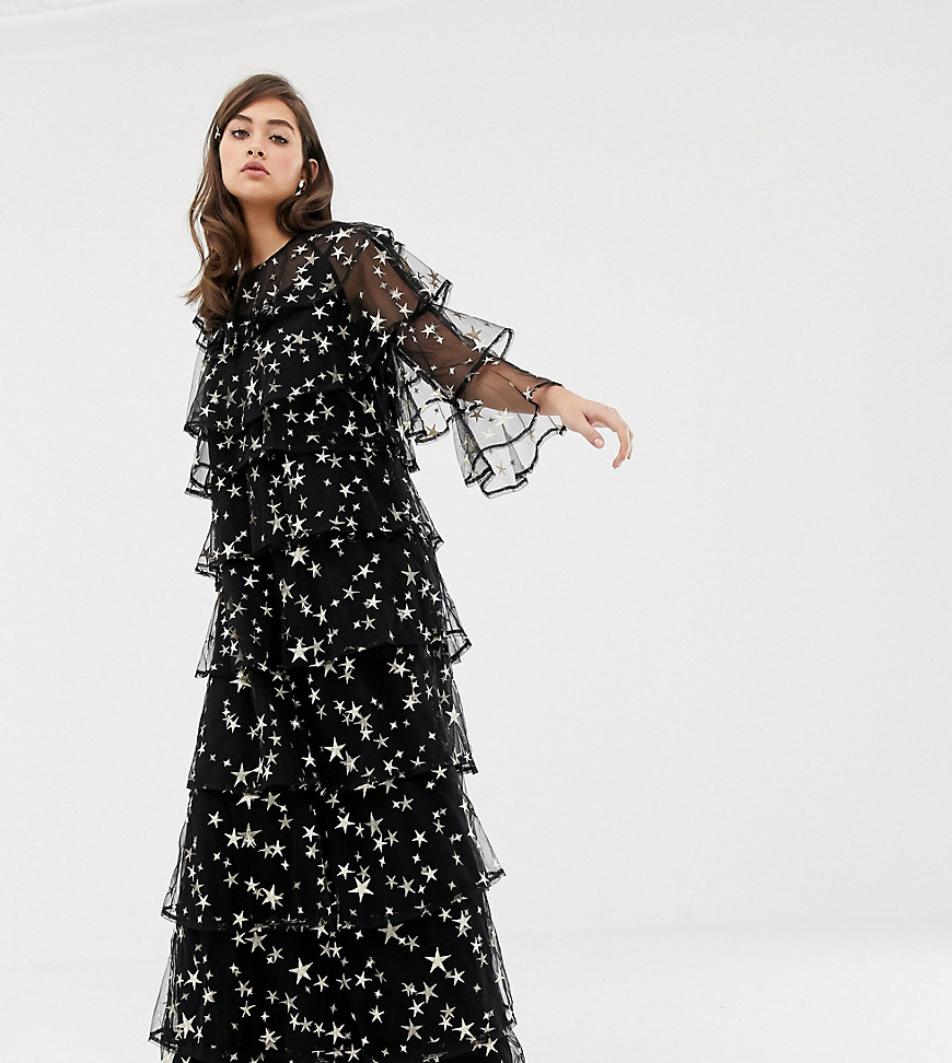 Sister Jane tiered maxi dress in star embroidered mesh - Black