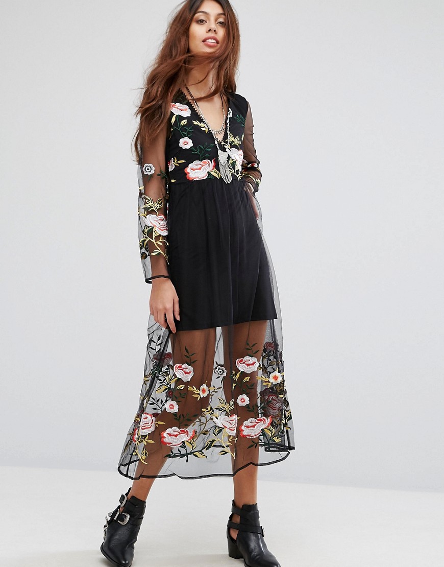 Rd & Koko Long Sleeve Dress With Floral Embroidered Detail - Black
