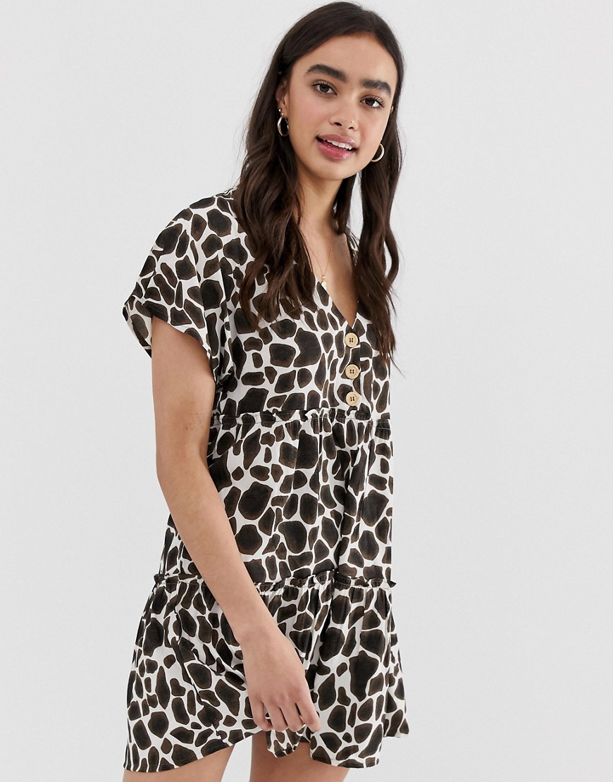 Influence smock dress with button down front in giraffe print