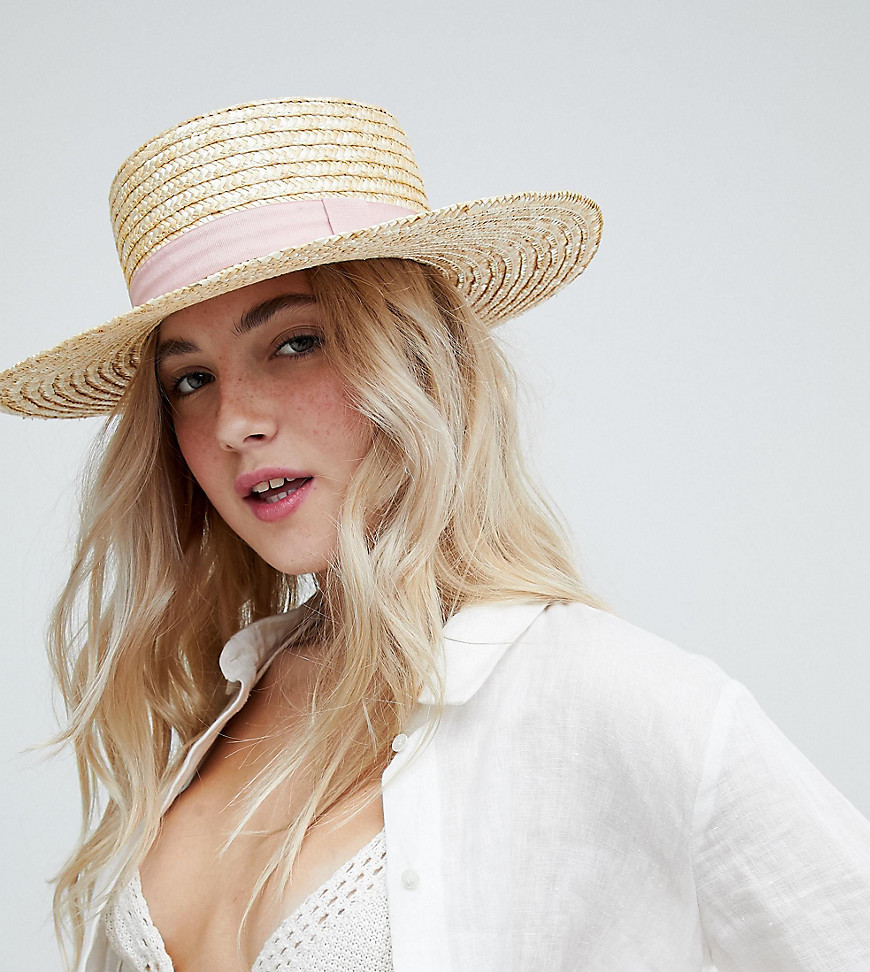 South Beach Straw Boater Hat With Blush Ribbon - Natural