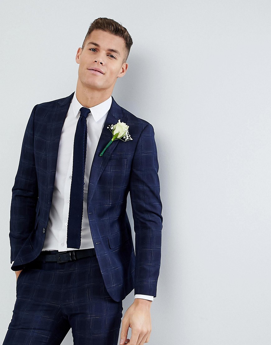 Moss London Skinny Wedding Suit Jacket In Navy Check