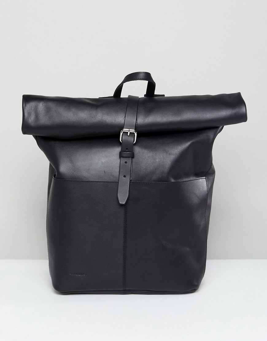 Sandqvist Leather Rolltop Backpack In Black - Black