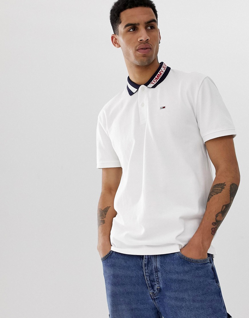 Tommy Jeans contrast tipped collar polo with pique flag logo in white