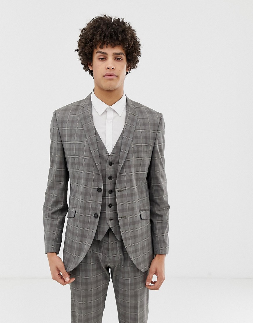 Selected Homme slim suit jacket in grey sand check