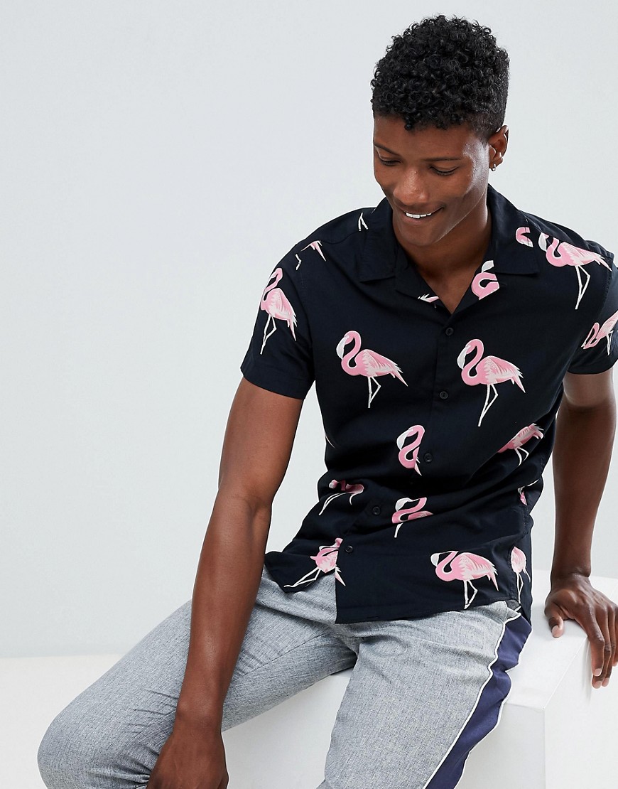Jack & Jones Originals Short Sleeve Shirt With Revere Collar In Flamingo Print - Tapshoe