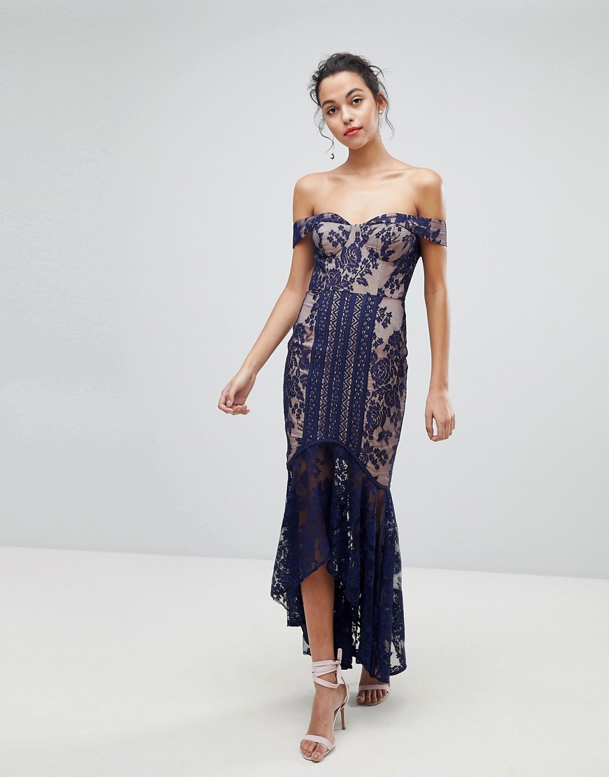 Jarlo All Over Lace Off Shoulder Fishtail Midi Dress - Navy