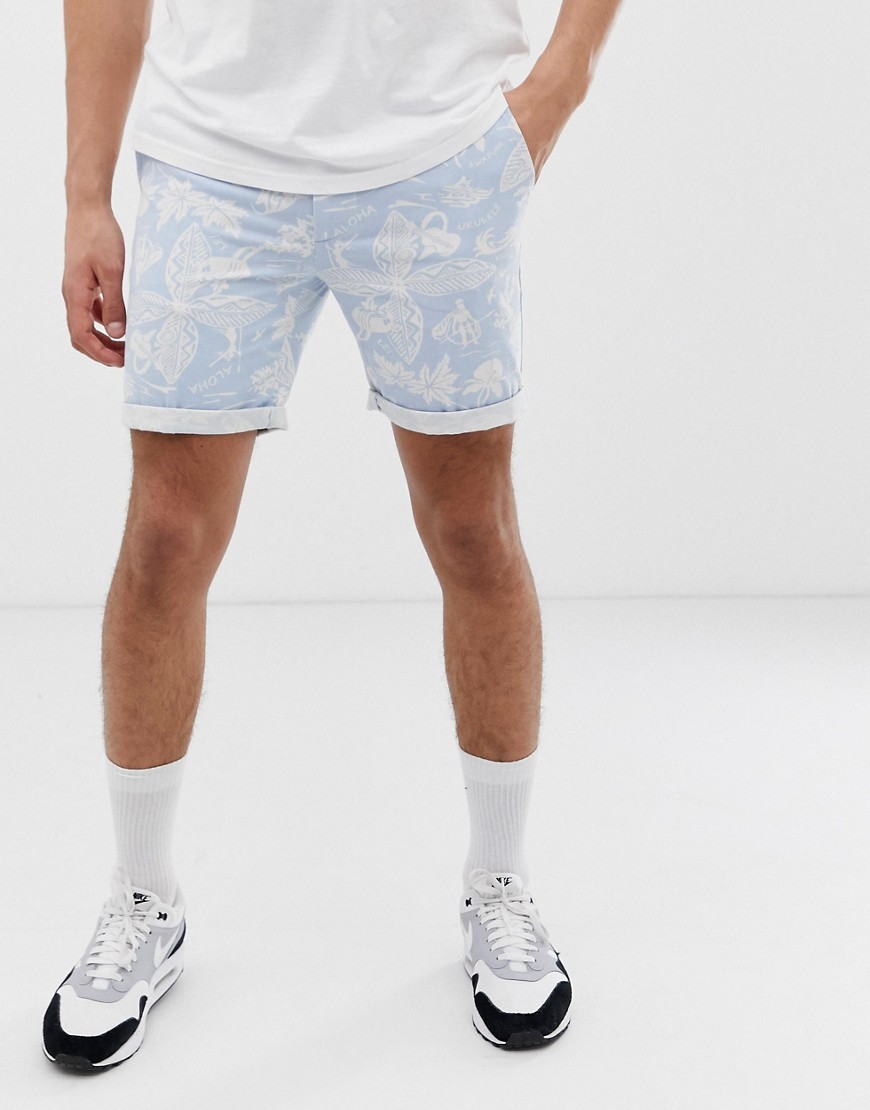 Bellfield chino shorts with Hawaiian print in light blue