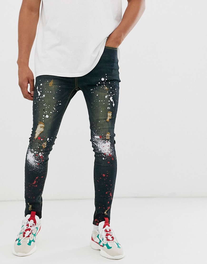 Good For Nothing skinny jeans in dark blue wash with paint splat
