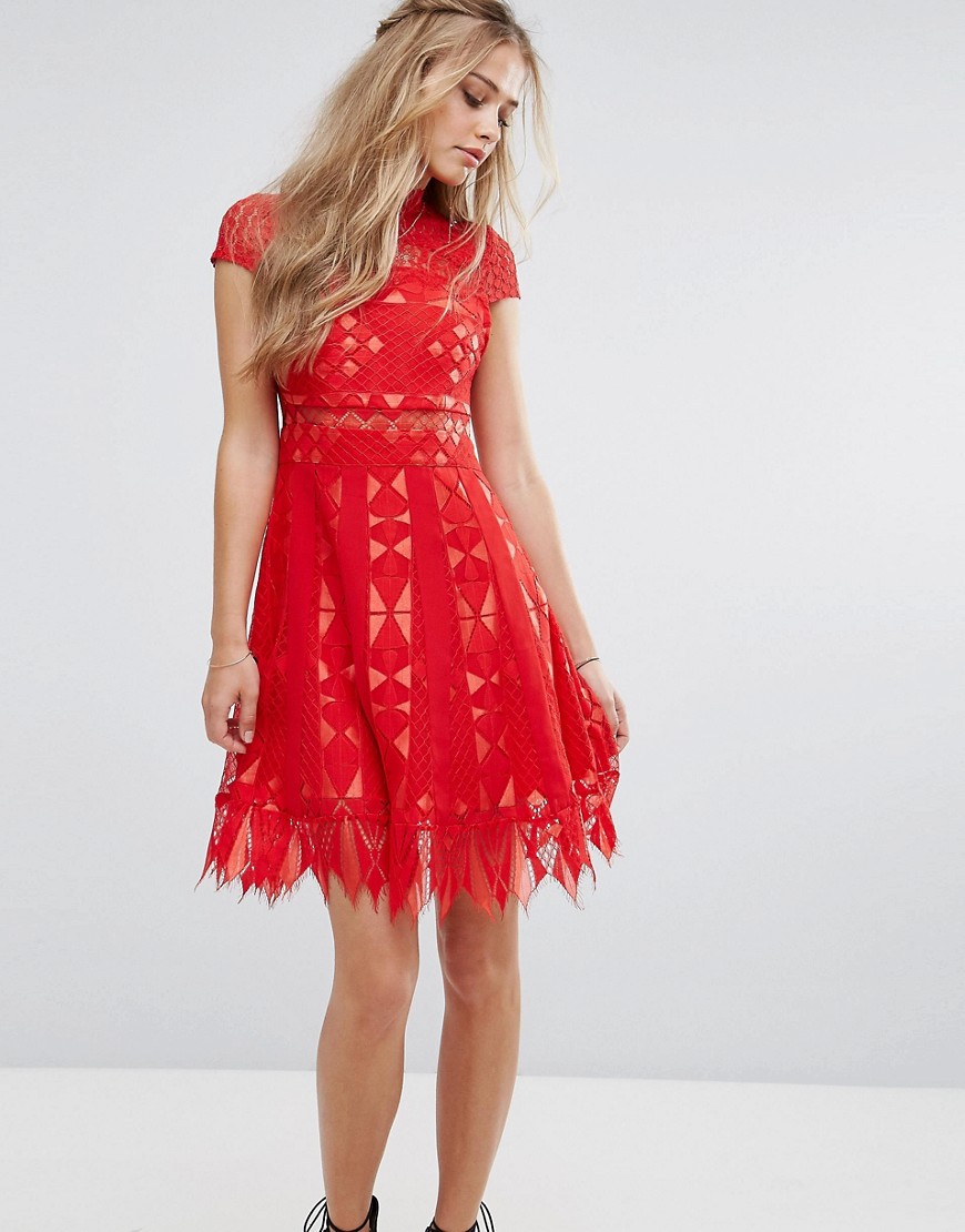 Foxiedox Lace Skater Dress with Sheer waist - Red